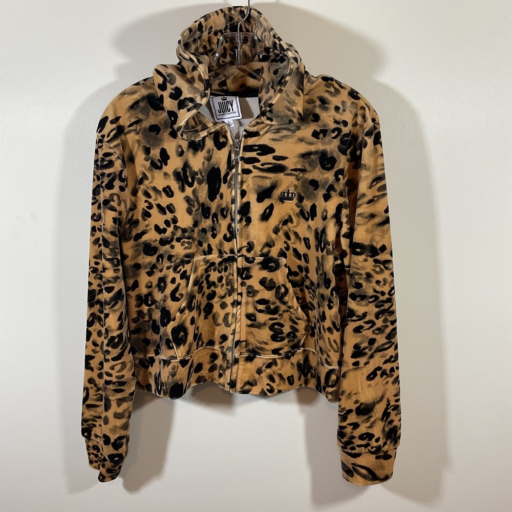 Juicy Couture Leopard Animal Print Velour Hoodie Womens L Cropped Zip Up Y2K